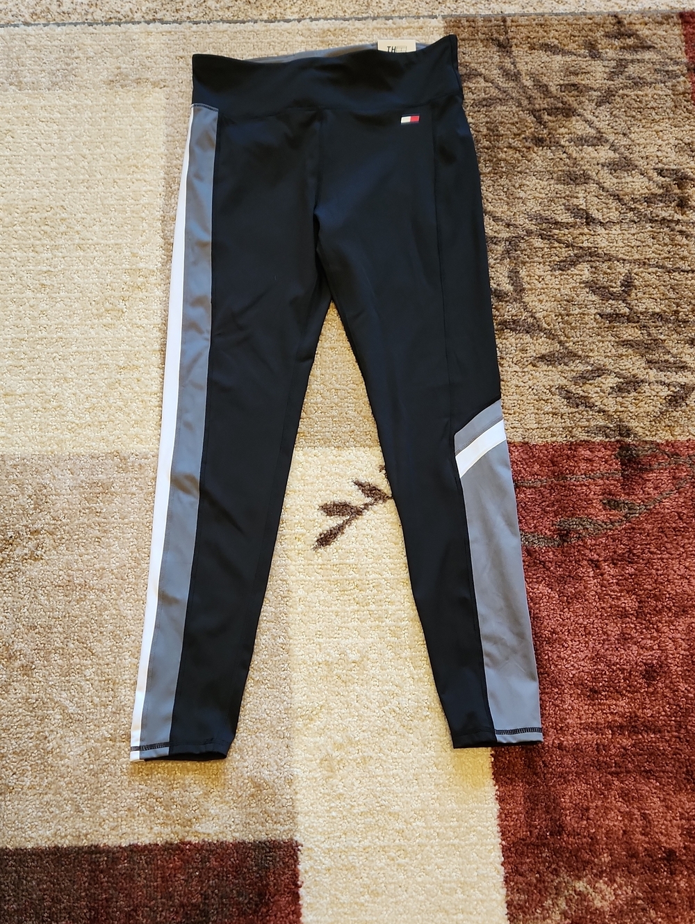 Tommy Hilfiger Black Leggings with Gray Panels and White Stripe Accent